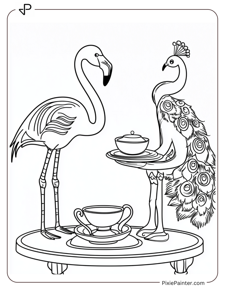 Flamingo And Peacock Having Tea Party