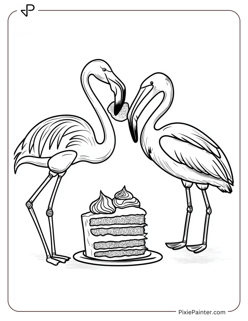 Flamingo And Pelican Sharing A Cake