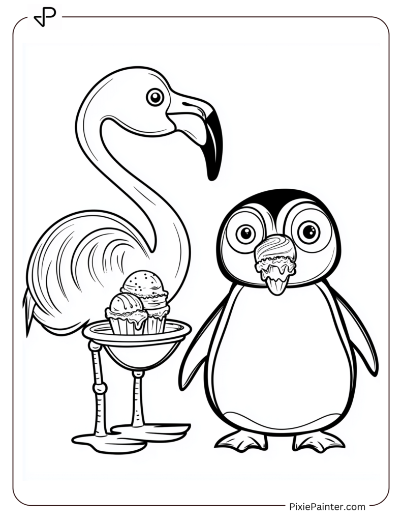 Flamingo And Penguine Eating Icecream