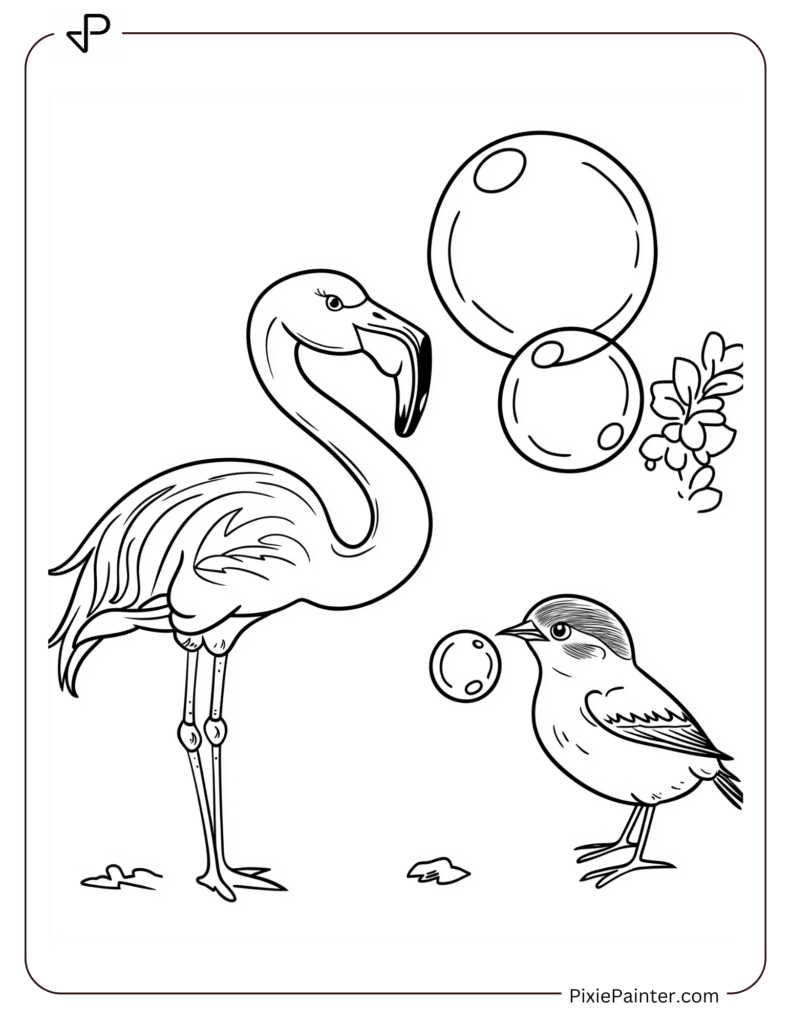 Flamingo And Sparrow Blowing Bubbles