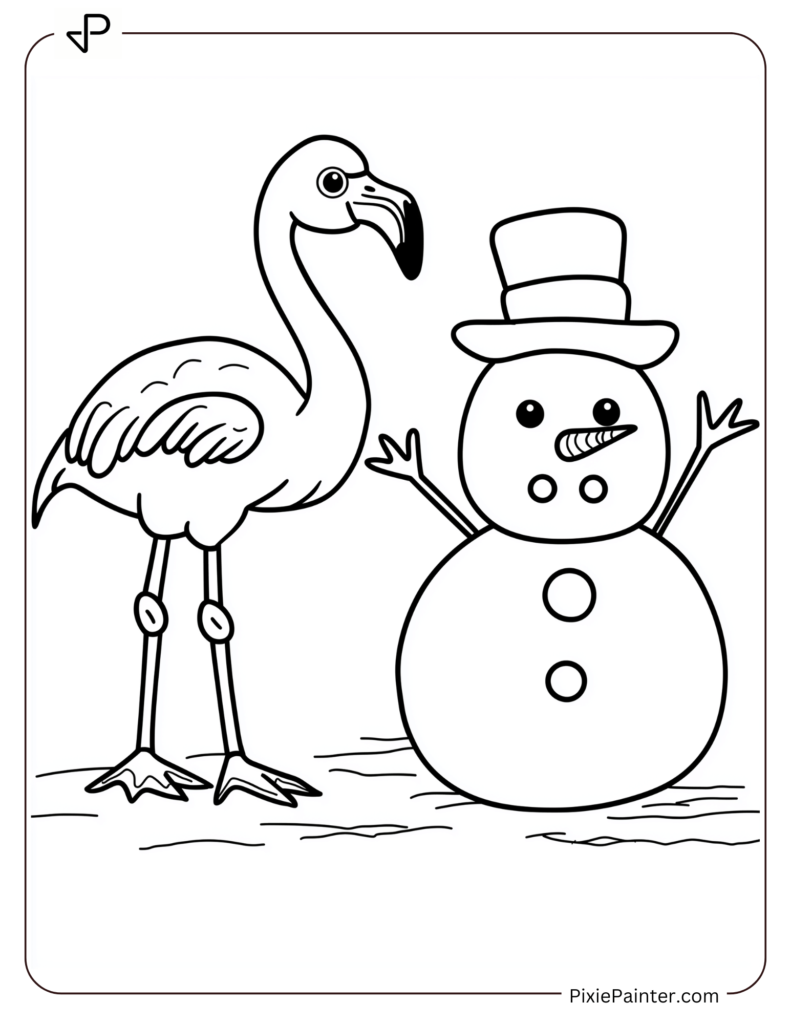 Flamingo Coloring Pages of Standing Beside A Snowman