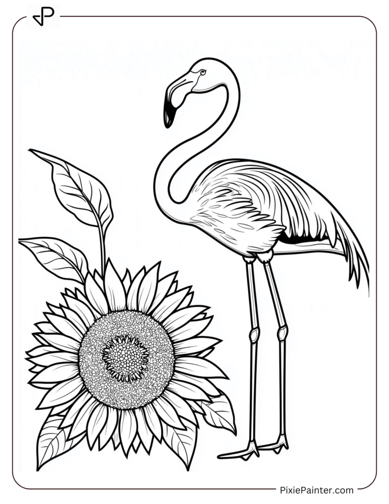 Flamingo Coloring Pages of Standing Beside A Sunflower