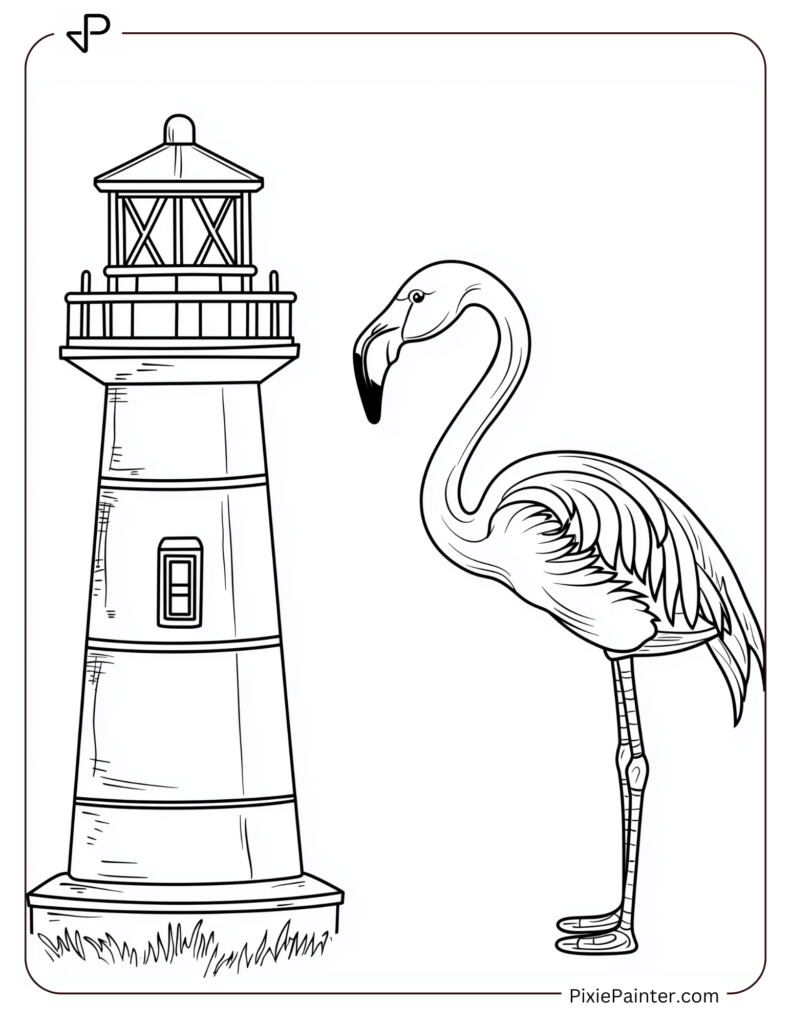 Flamingo Standing Beside A Toy Lighthouse