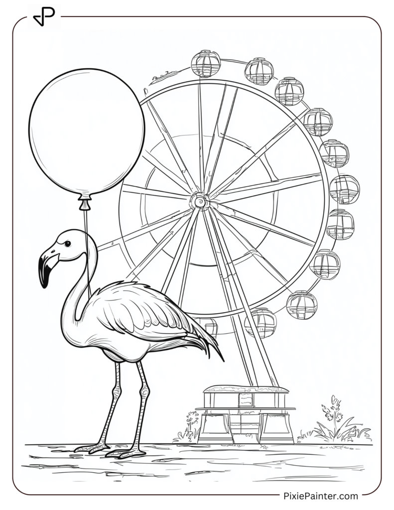 Flamingo Standing In Front Of A Ferris Wheel