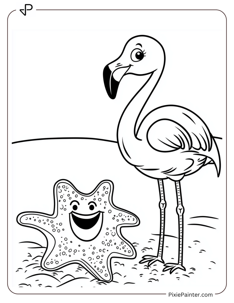 Flamingo Coloring Pages of Standing Next To A Starfish