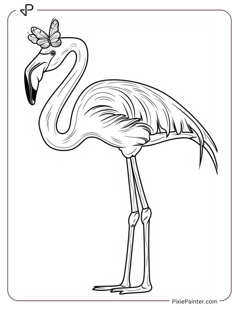 Flamingo Coloring Pages if Standing With A Butterfly