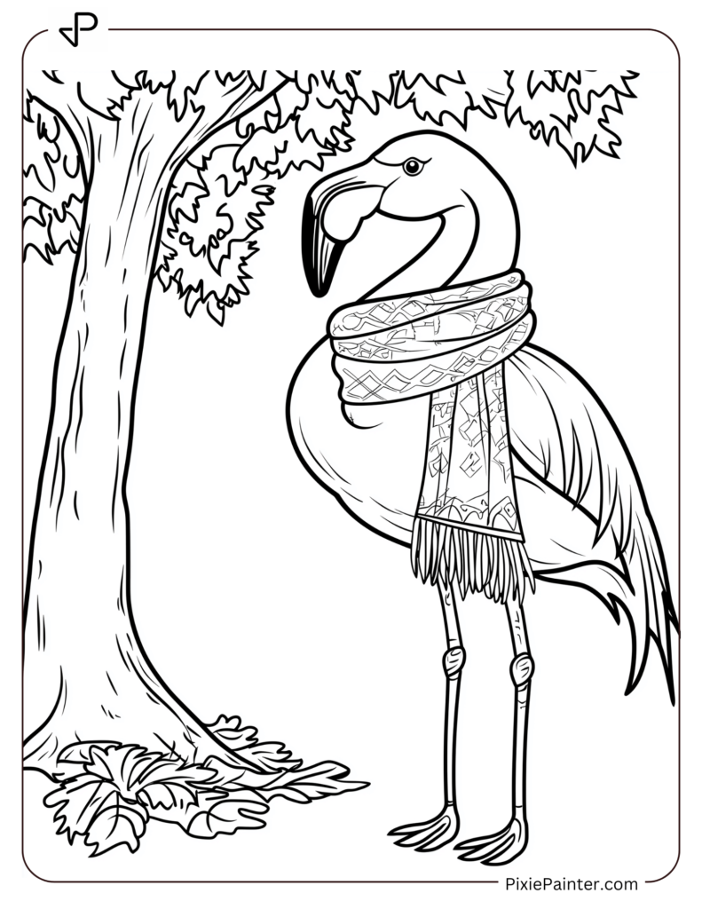 Flamingo Waring A Scarf Standing Near A Tree