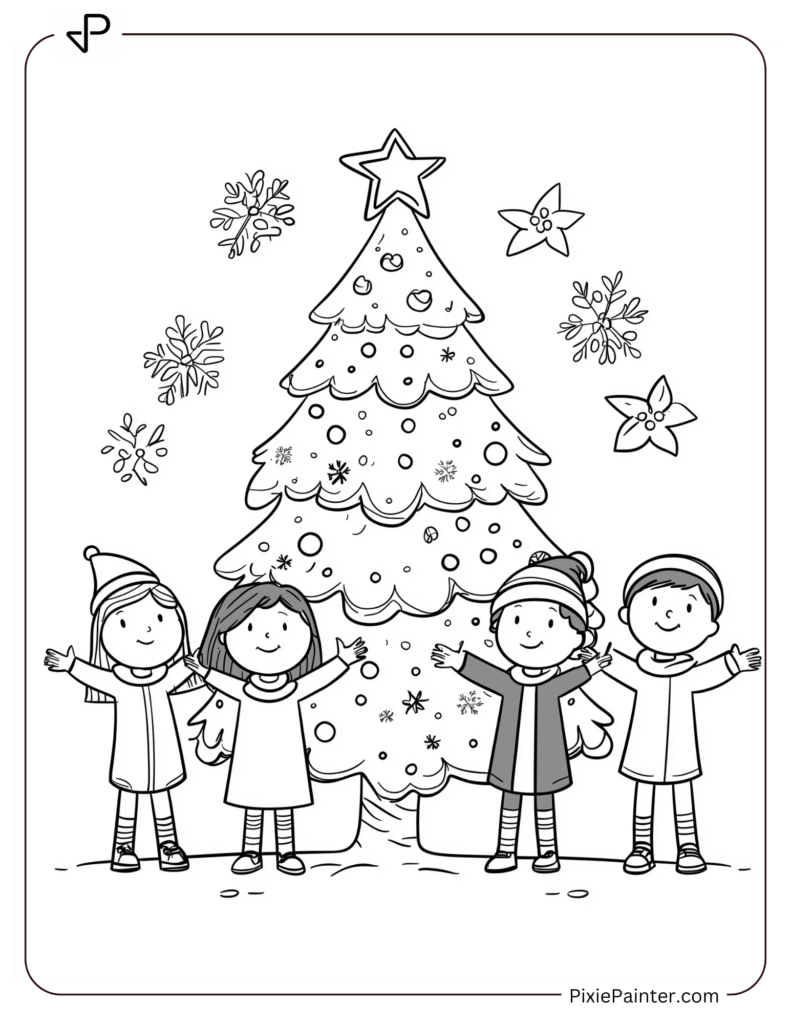 Four Kids Are Playing Next To A Christmas Tree