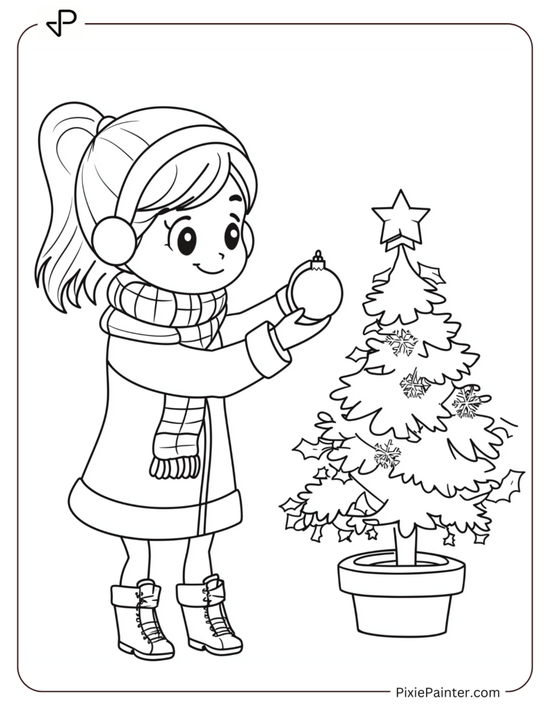 Girl In A Scarf And Earmuffs, Placing An Ornament On A Small Christmas Tree.