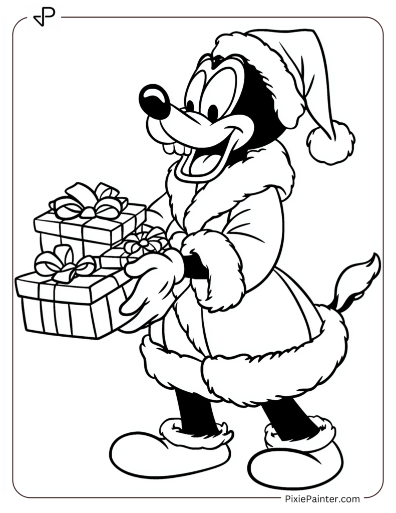 Disney christmas coloring page where Goofy dressed as Santa delivering presents