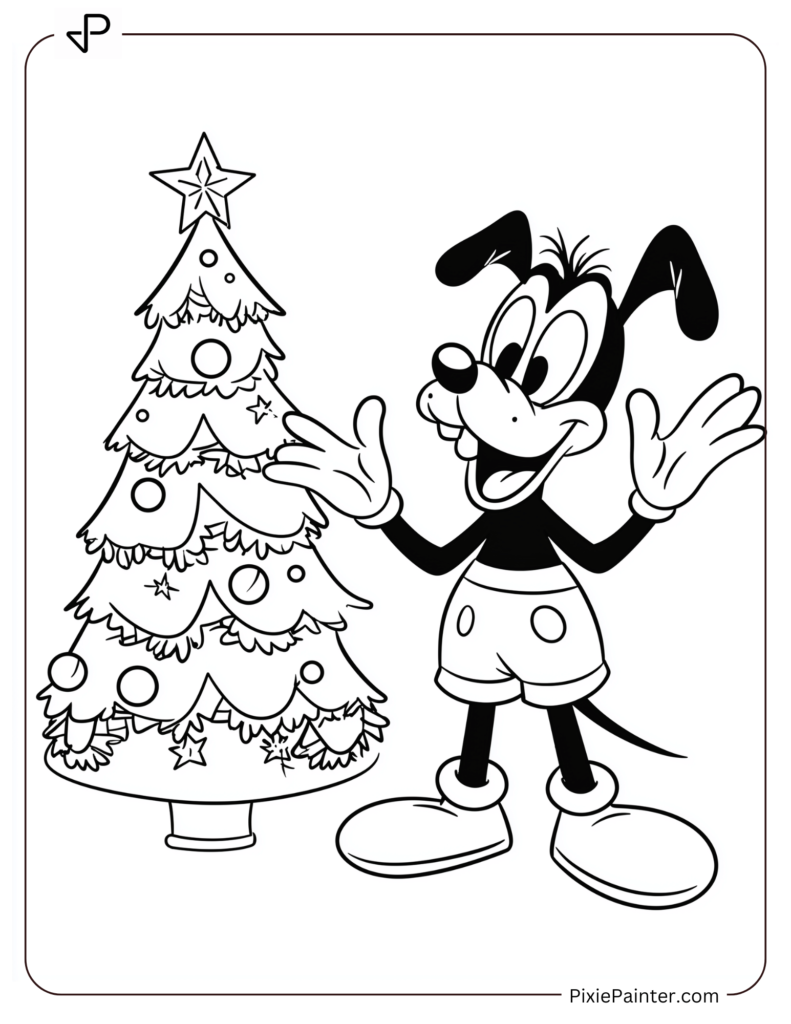 Coloring page where Grinning Goffy Next To A Christmas Tree