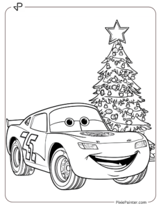 Grinning Mcqueen Next To A Christmas Tree