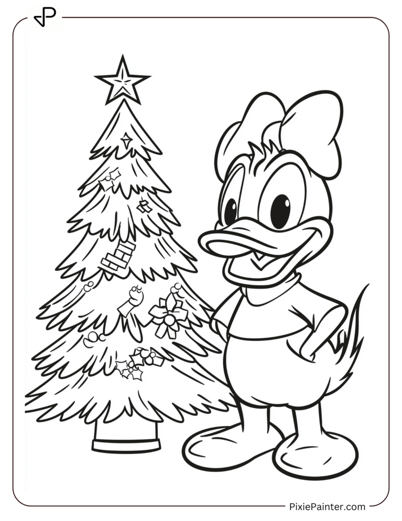 Happy Donald Duck Standing Beside A Christmas Tree