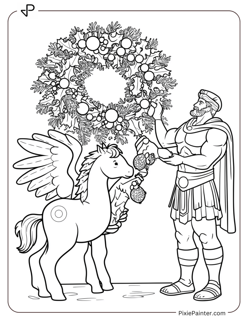 Disney christmas coloring page where Hercules and Pegasus decorating a Christmas wreath