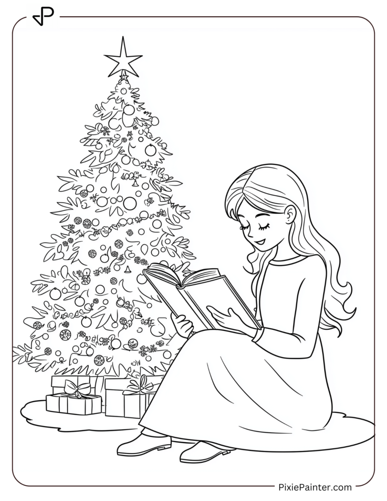 Disney christmas coloring page where Jane Porter reading a Christmas storybook by a decorated tree