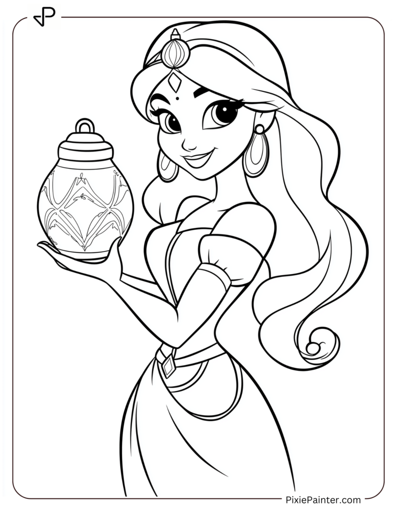 Disney christmas coloring page where Jasmine holding a Christmas lantern