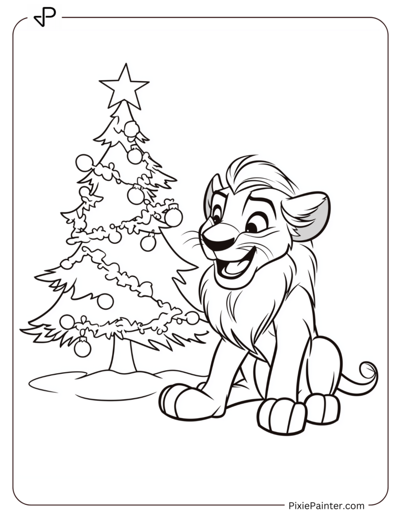 Joyful Simba Sitting Beside A Christmas Tree