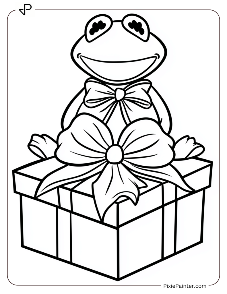 Disney christmas coloring page where Kermit the Frog sitting on a Christmas gift