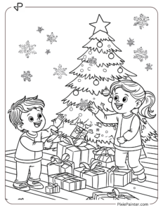 Kids Excitedly Unwrapping Presents Beside A Christmas Tree