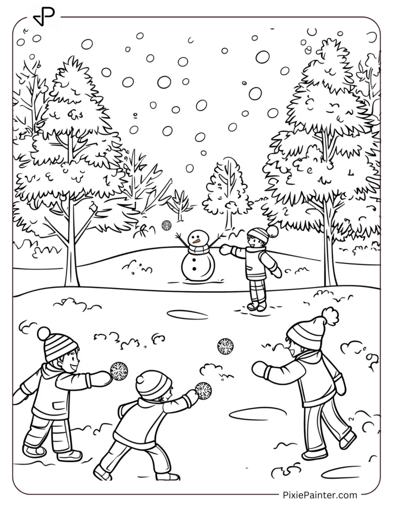 Kids Having A Snowball Fight In A Snowy Park With Trees.