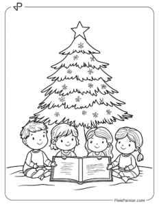 Kids Reading A Christmas Storybook Under A Christmas Tree