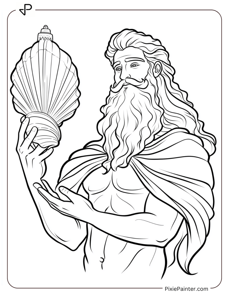 Disney christmas coloring page where King Triton holding a glowing seashell Christmas ornament