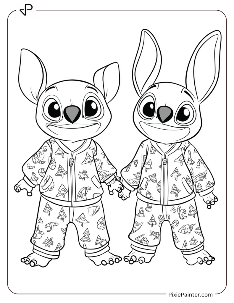 Disney christmas coloring page where Lilo and Stitch wearing matching Christmas pajamas