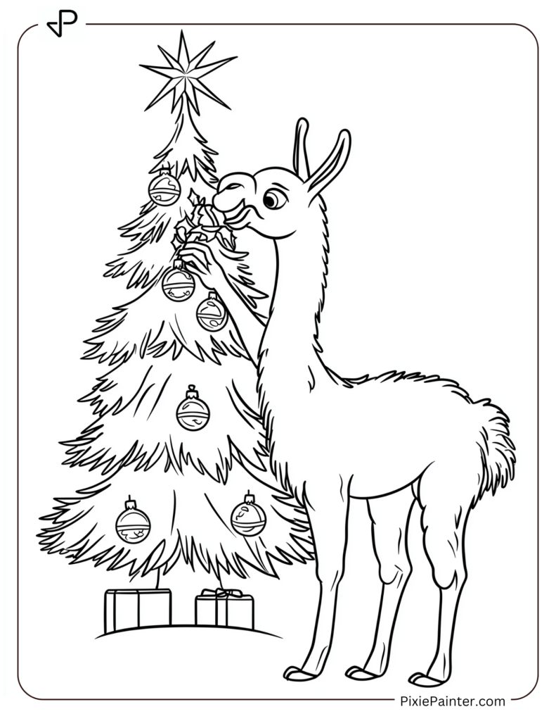 Disney christmas coloring page where Llama decorating a Christmas tree with ornaments