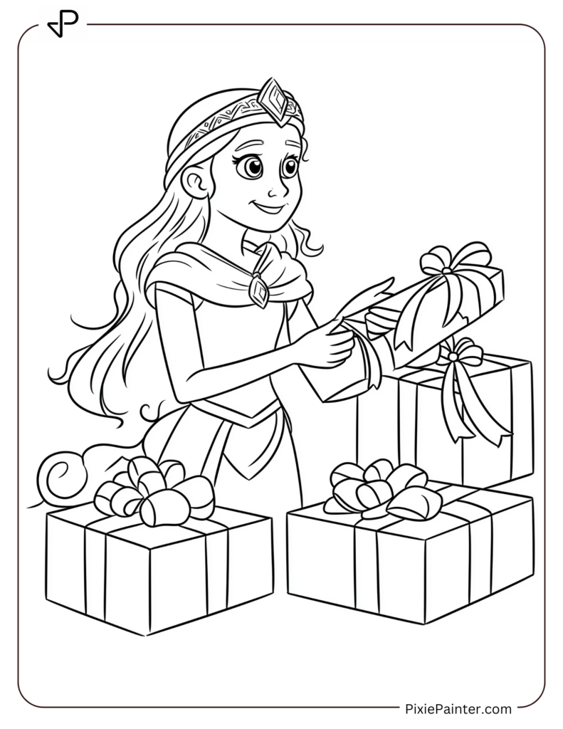 Disney christmas coloring page where Megara wrapping Christmas gifts with ribbons