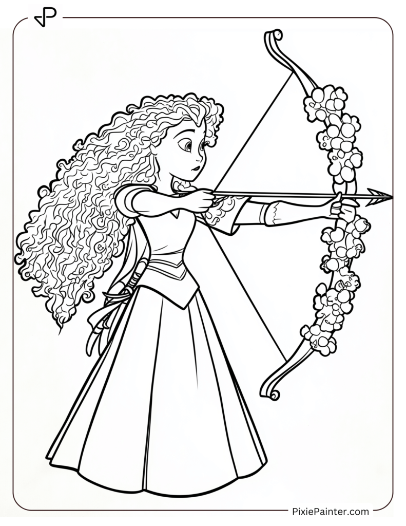 Disney christmas coloring page where Merida stringing popcorn garlands with her bow and arrow