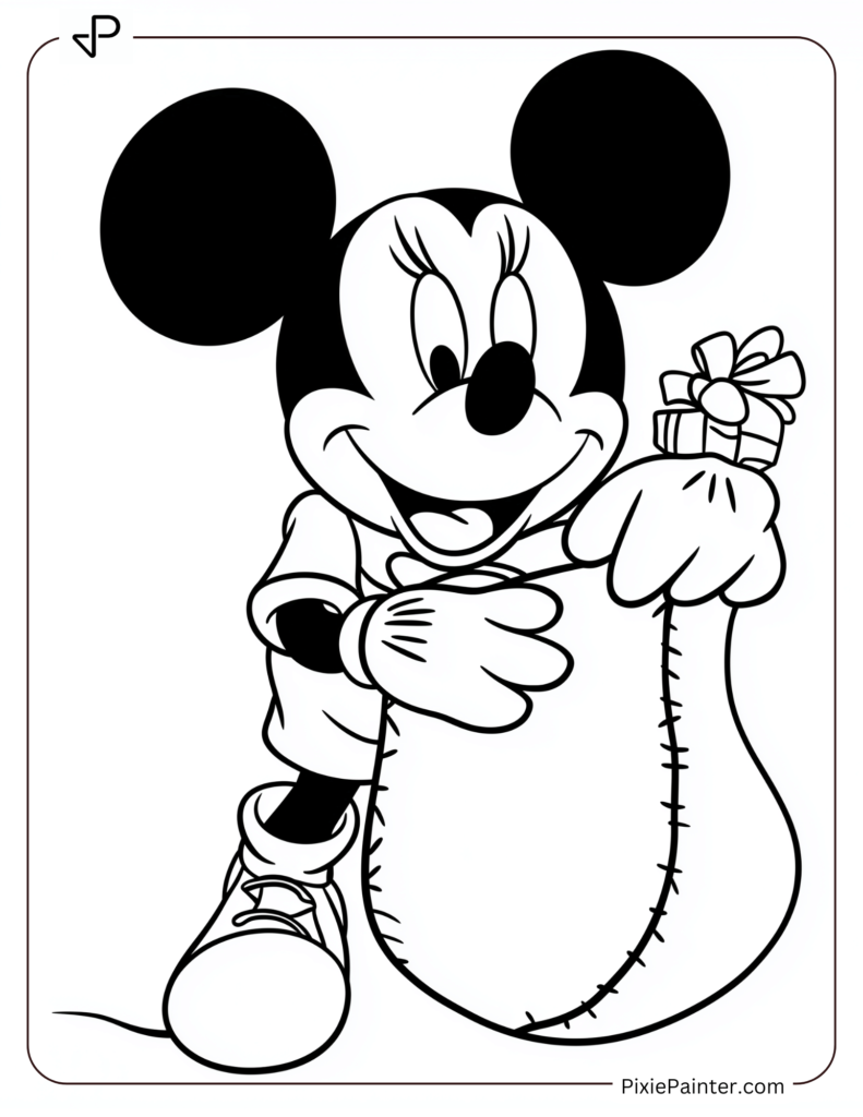 Disney christmas coloring page where Mickey Mouse with a big Christmas stocking