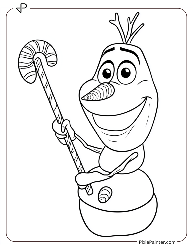 Disney christmas coloring page where Olaf from Frozen holding a candy cane