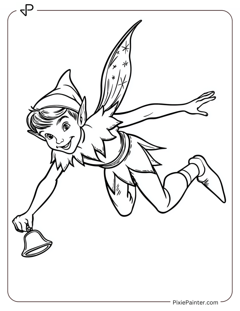 Disney christmas coloring page where Peter Pan flying with a small Christmas bell