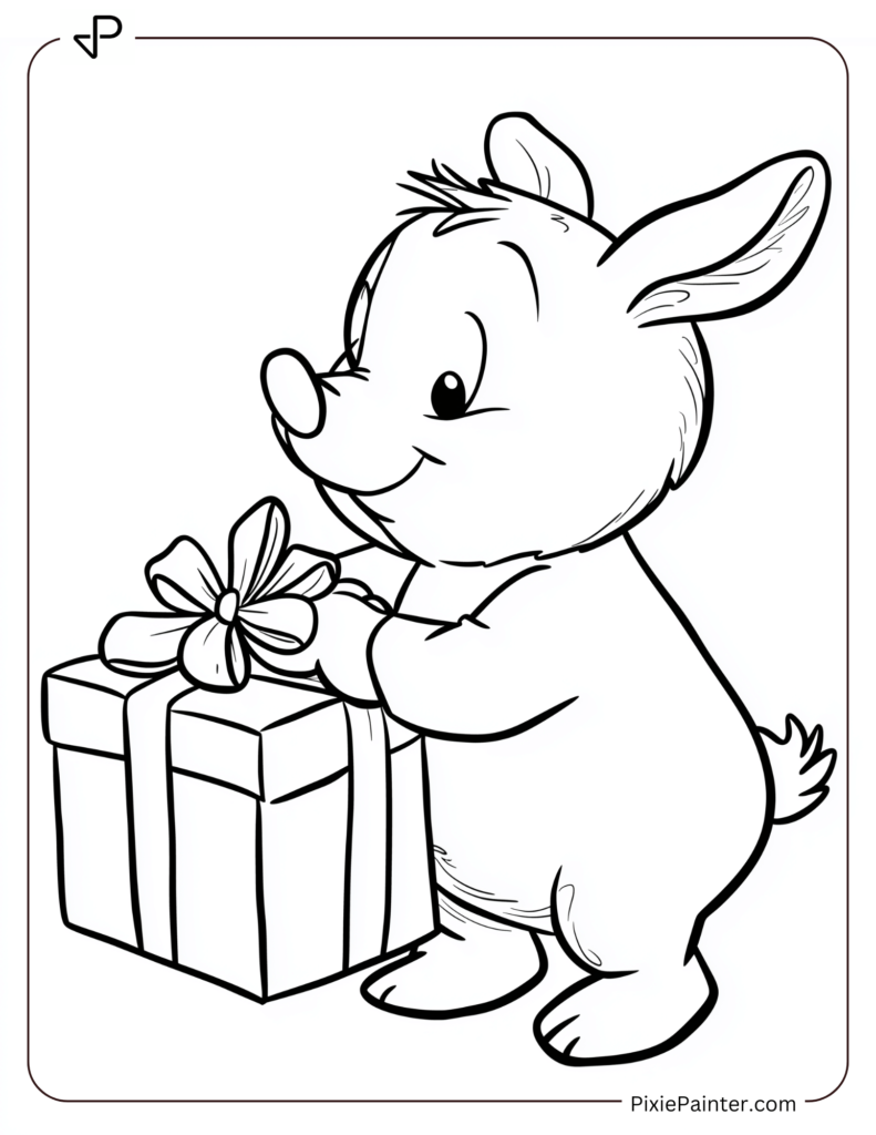 Disney christmas coloring page where Piglet wrapping a small Christmas gift with a bow