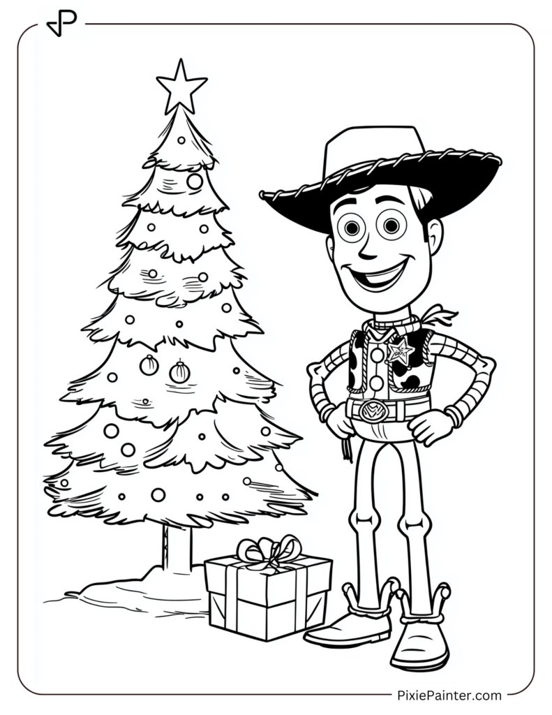 Playful Woody Standing Beside A Christmas Tree 