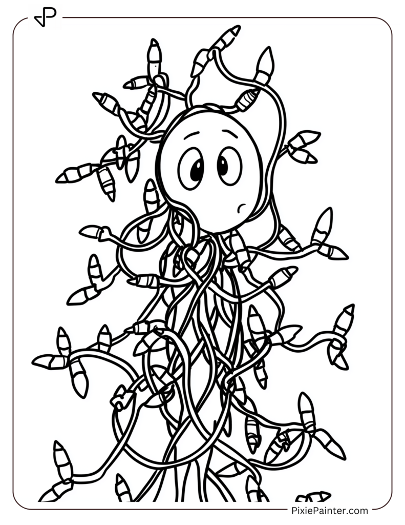 Disney christmas coloring page where Pluto tangled in Christmas lights