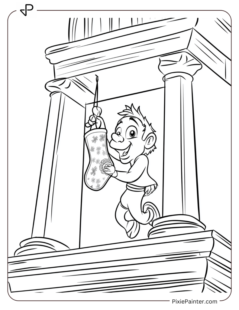 Disney christmas coloring page where Quasimodo hanging a Christmas stocking on the bell tower