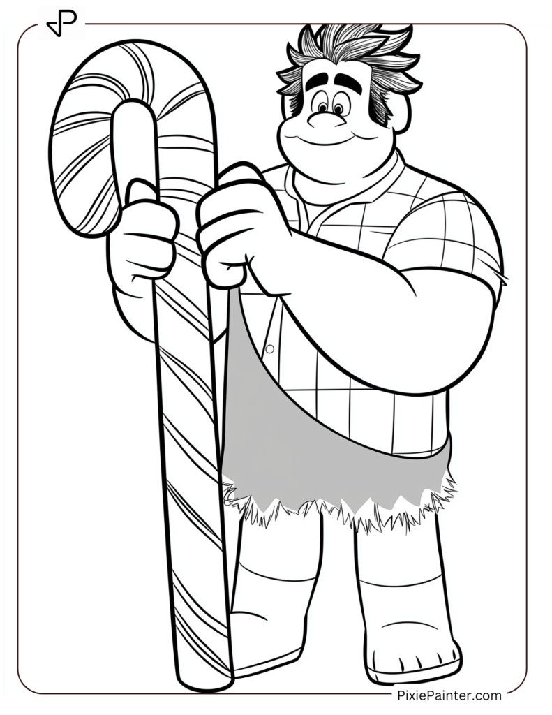 Disney christmas coloring page where Ralph from Wreck-It Ralph holding a giant candy cane