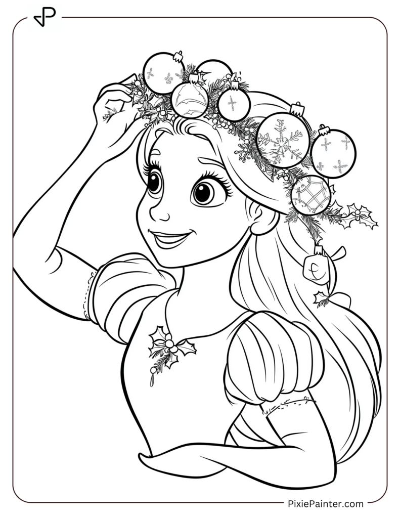 Disney christmas coloring page where Rapunzel decorating her hair with Christmas ornaments