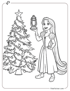 Rapunzel Standing Beside A Christmas Tree While Holding A Lantern