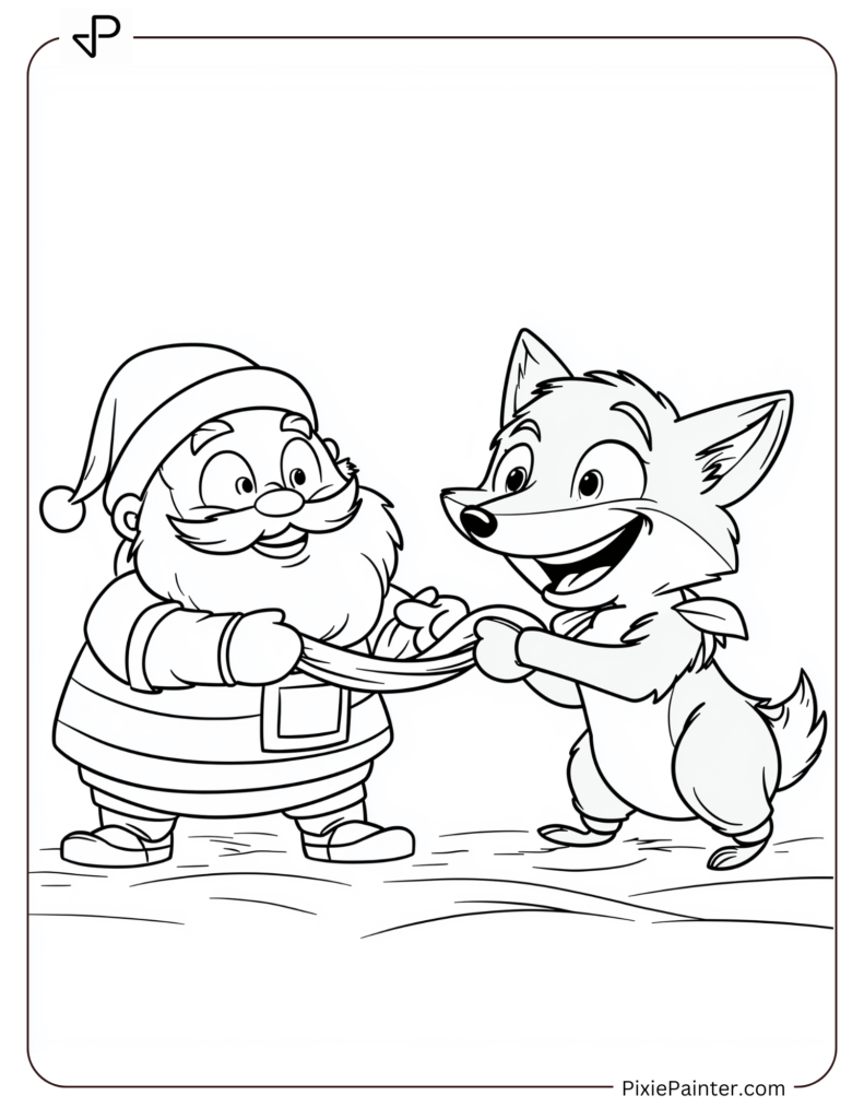 Santa Claus Coloring Pages-Santa And A Fox Playing Tug-Of-War