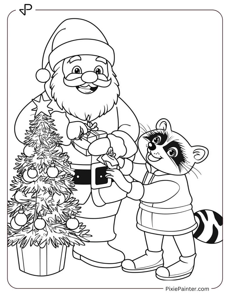 Santa Claus Coloring Pages-Santa And A Raccoon Decorating A Christmas Tree