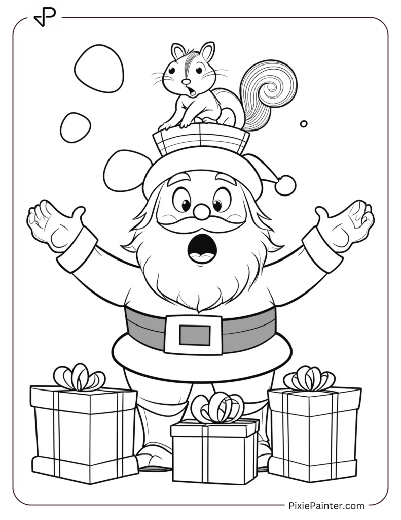 Santa Claus Coloring Pages-Santa Balancing A Cheeky Squirrel Sitting On Head