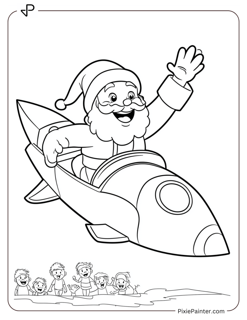 Santa Claus Coloring Pages-Santa Flying Through The Sky In A Rocket-Shaped Sleigh