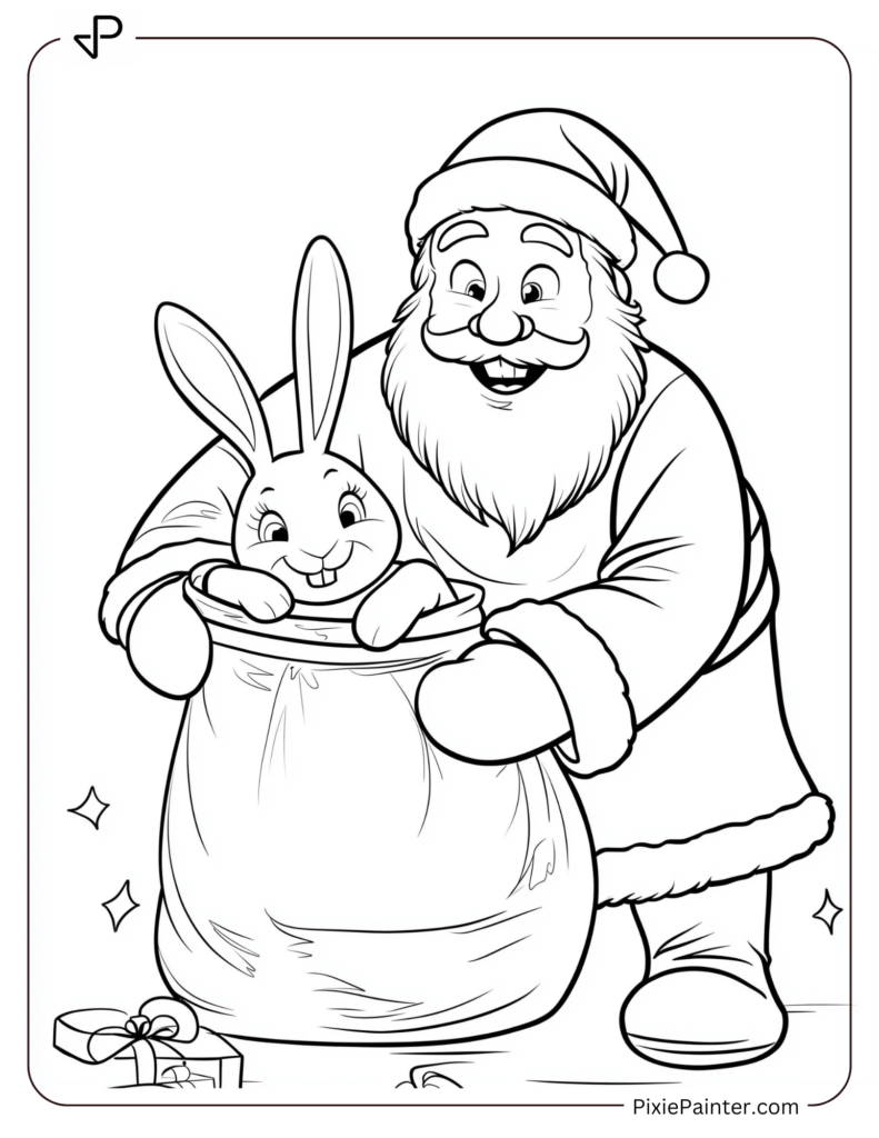 Santa Claus Coloring Pages-Santa Holding A Smiling Bunny Peeking From Gift Sack