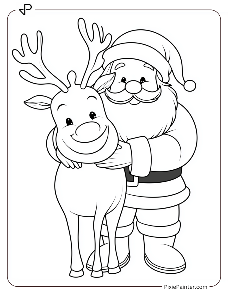 Santa Claus Coloring Pages-Santa Hugging A Smiling Reindeer