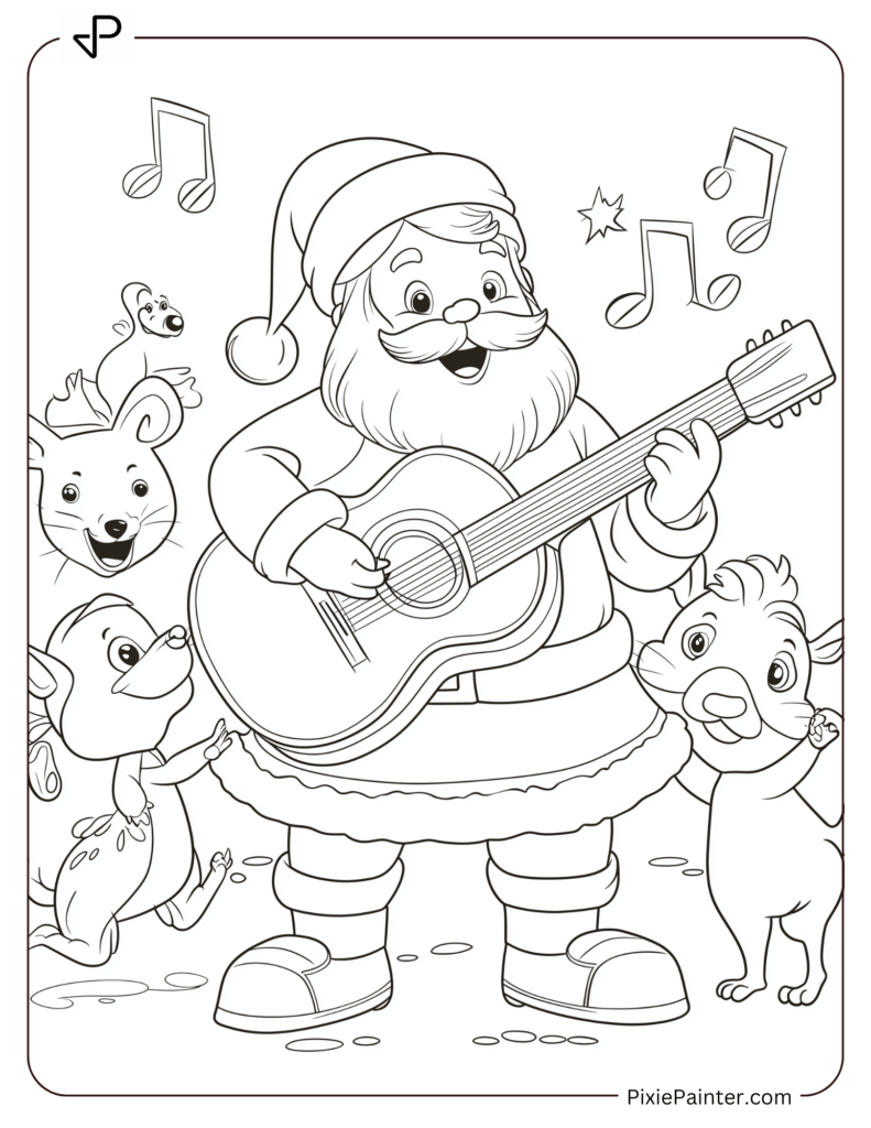 Santa Claus Coloring Pages-Santa Playing A Guitar With Dancing Animals