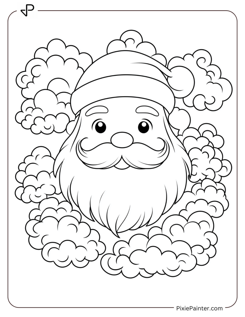 Santa Face Coloring Page Surrounded By Clouds