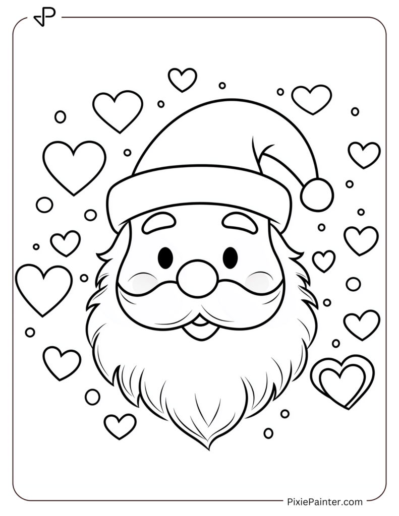 Santa Face Coloring Page Surrounded By Hearts