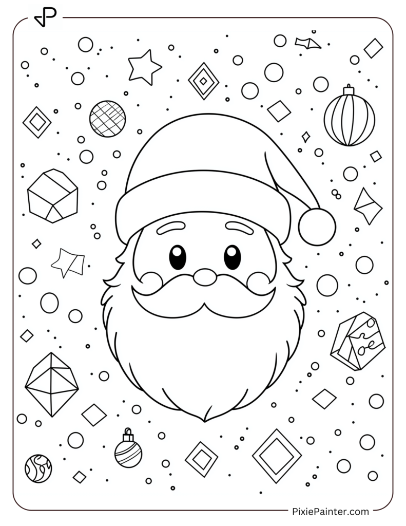 Santa Face Coloring Page Surrounded By Simple Geometric Shapes